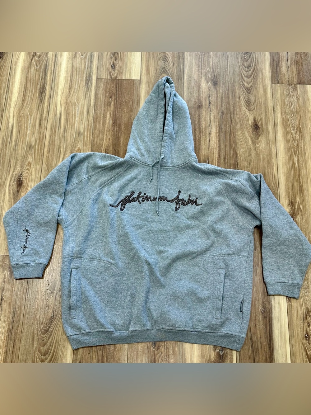 Vintage Y2K Platinum FUBU 3D Embroidered Script Heavyweight Hoodie, Grey, XL